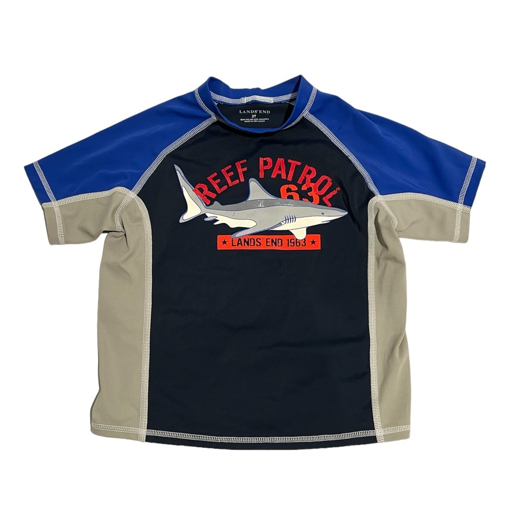 Lands’ End Toddler Boys Rash Guard Swim Shirt 3T Navy Blue Shark “Reef Patrol”